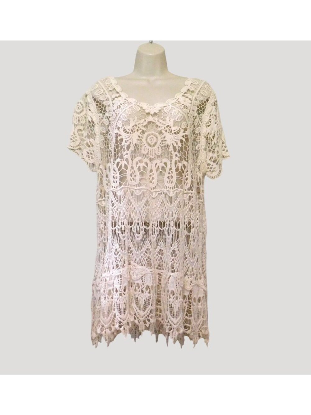 Crochet Lace Tunic Top Womens XL Cream Short Sleeves Boho Style